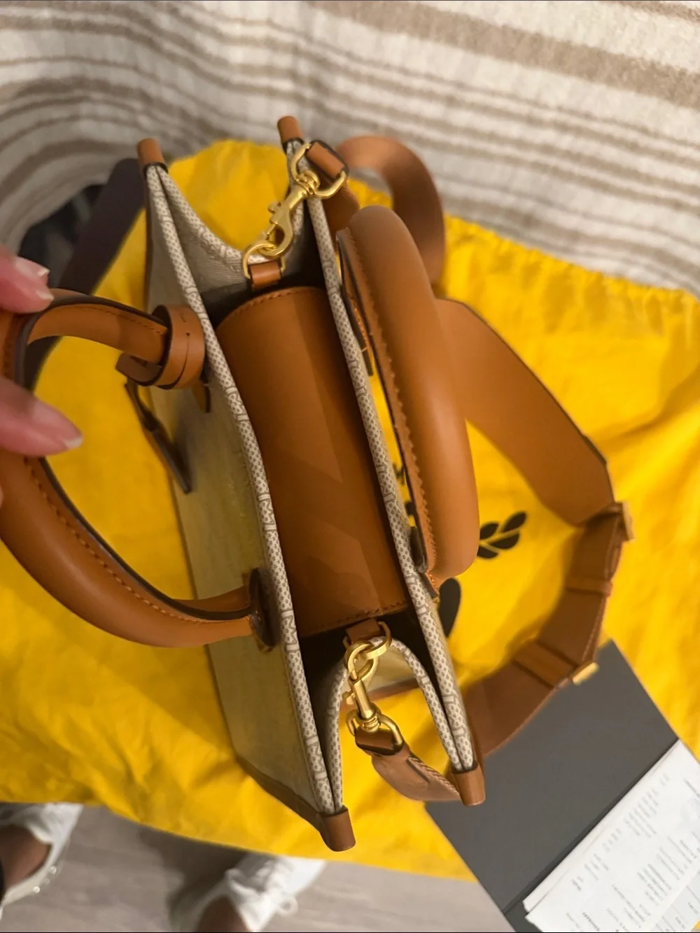 MCM Beige Canvas Satchel with Tan Leather Trim